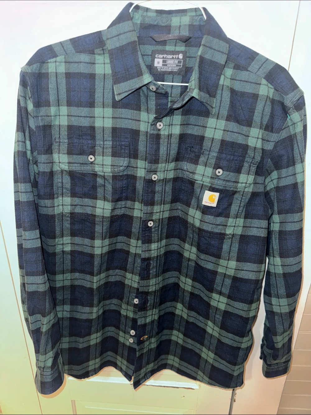 Carhartt Men’s Green & Navy Plaid Flannel Shirt Loose Fit M